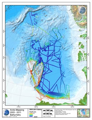 Track lines for USCGC Healy showing seafloor sonar data from cruises from 2003 to date in the Arctic.