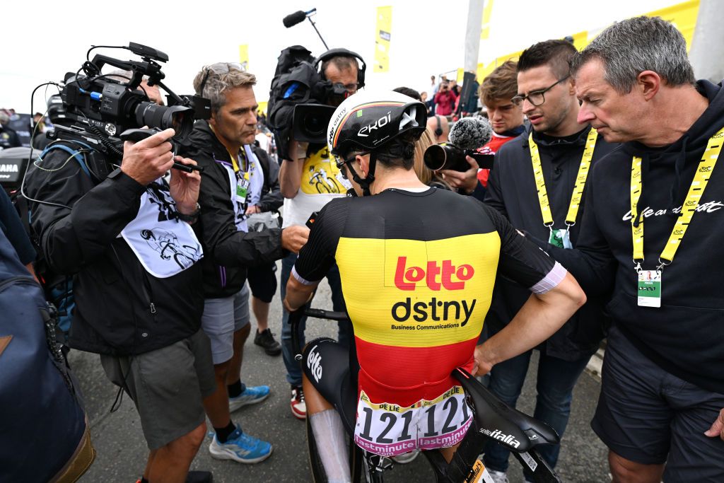 COLOMBEYLESDEUXEGLISES FRANCE JULY 06 Arnaud De Lie of Belgium and Team Lotto Dstny meets the media press after the 111th Tour de France 2024 Stage 8 a 1834km stage from SemurenAuxois to ColombeylesDeuxEglises 352m UCIWT on July 06 2024 in ColombeylesDeuxEglises France Photo by Tim de WaeleGetty Images