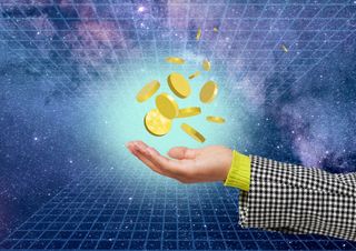 Coins being poured into a mans hand with a synth-wave background