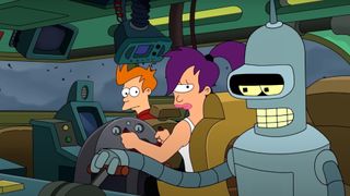 Fry, Leela, and Bender flying a spaceship during the Hulu show, Futurama.