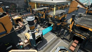 A screenshot of conveyor belts and manufacturing processes in Satisfactory