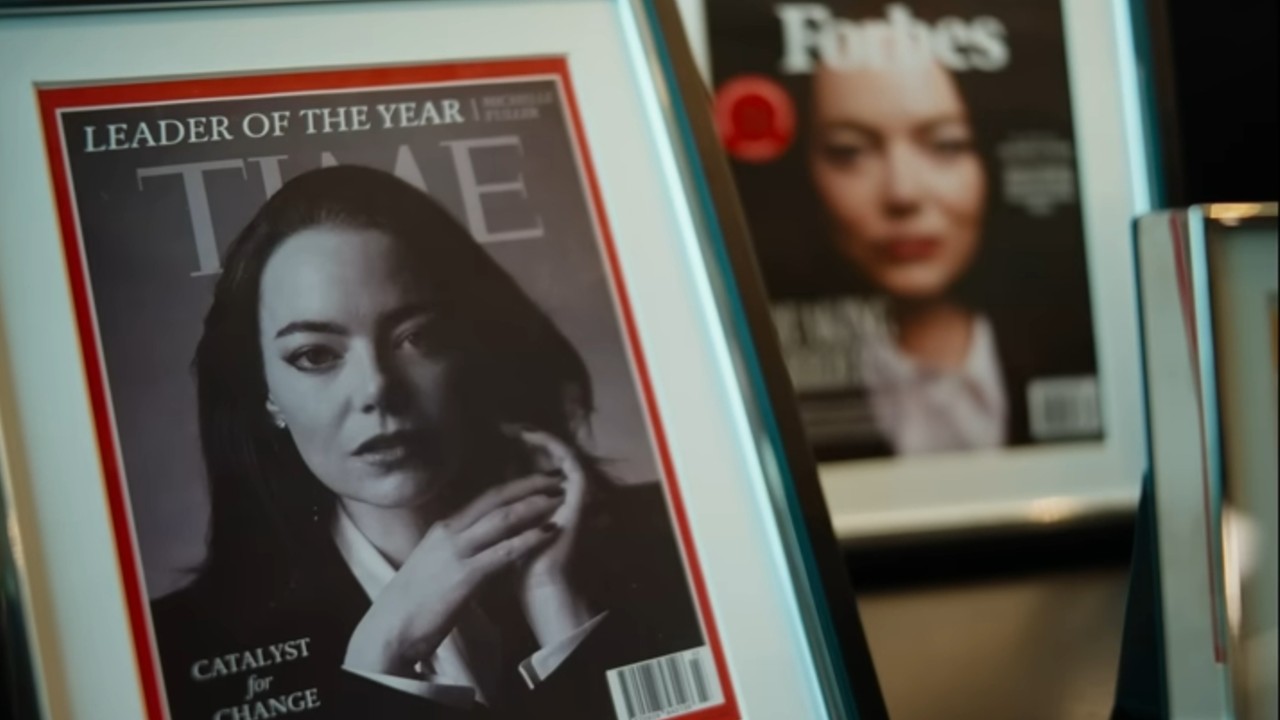 Emma Stone on cover of Time and Forbes in Bugonia.