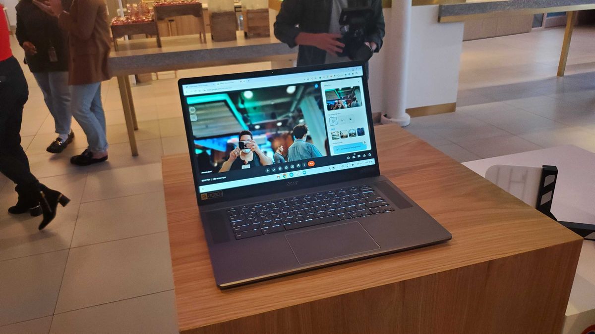 Chromebook Plus laptop on wooden table