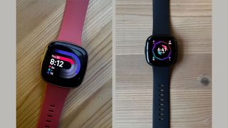 Fitbit Sense 2 and Versa 4 testing images next to each other to represent the similar design features