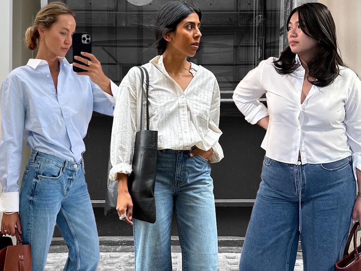 fashion collage with three stylish women wearing outfits with button-down shirts and jeans