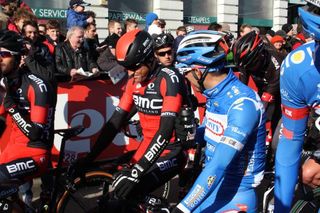 Greg Van Avermaet (BMC) takes his place on the start line at Omloop Het Nieuwsblad.