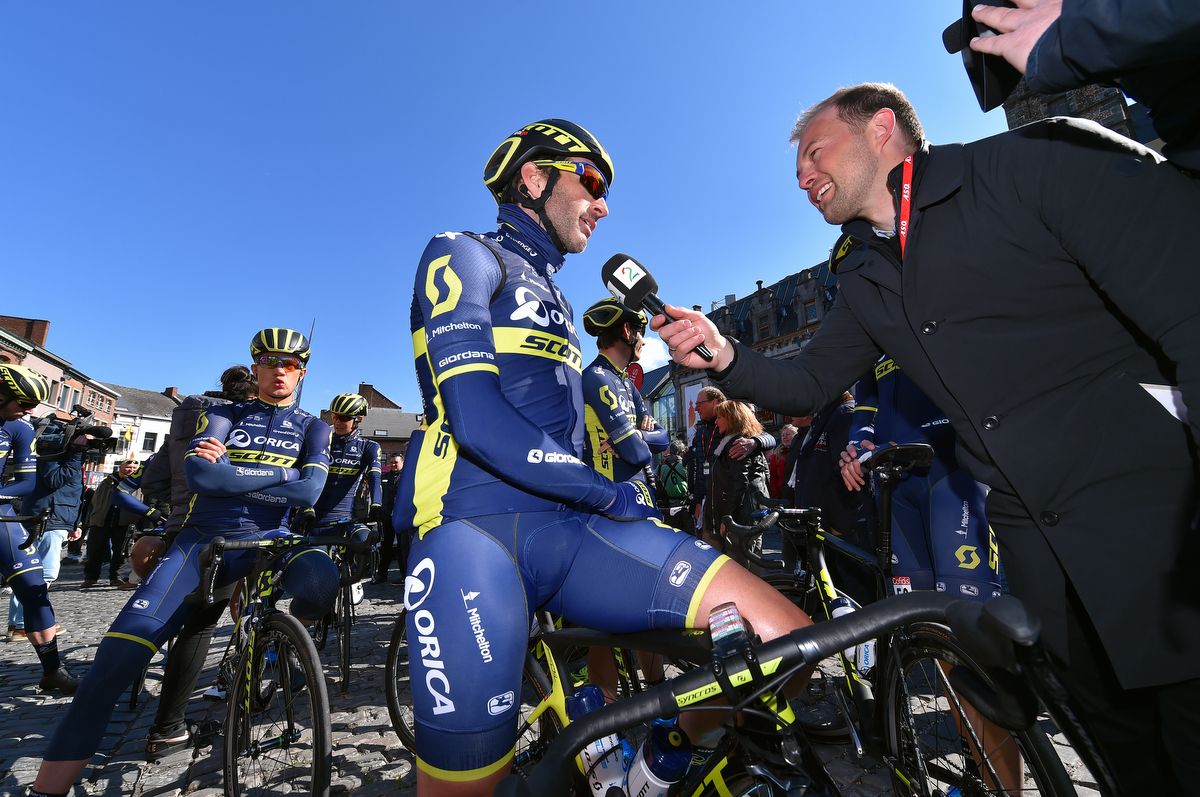 Pre-race TV interview for Michael Albasini (Orica-Scott)