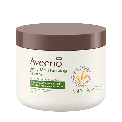 Aveeno Daily Moisturizing Cream With Prebiotic Oat & Shea Butter for Body, Face & Hands Moisturizer Cream, Hydrates Normal to Dry, Sensitive Skin for 48 Hours, Fragrance Free, Non-Comedogenic, 20 Oz