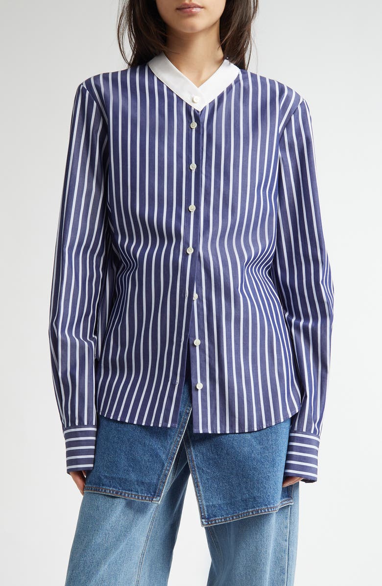 Non-Collar Stripe Cotton Button-Up Shirt