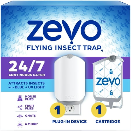 Zevo Flying Insect Indoor Fly Trap - Easy, Mess-Free Solution to Trap and Kill Flying Household Insects, Catches & Kills House Flies, Fruit Flies, Gnats, & More (1 Device & 1 Refill)