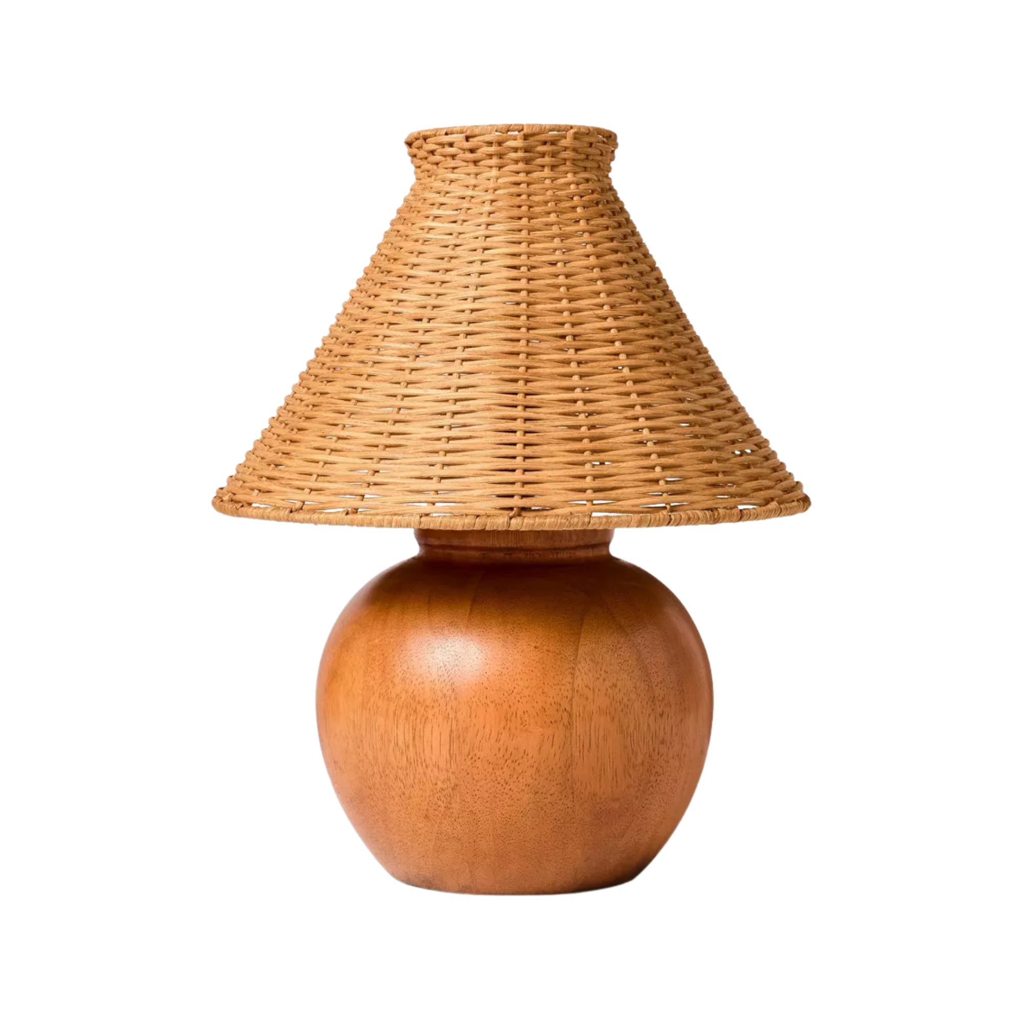 a wooden lamp with a rattan shade