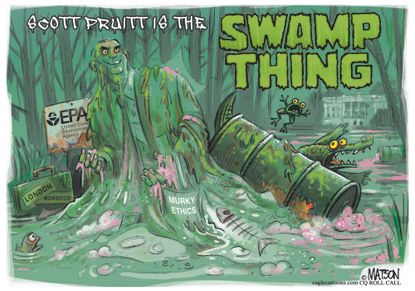 Political cartoon U.S. Scott Pruitt EPA scandals climate change Swamp Thing ethics