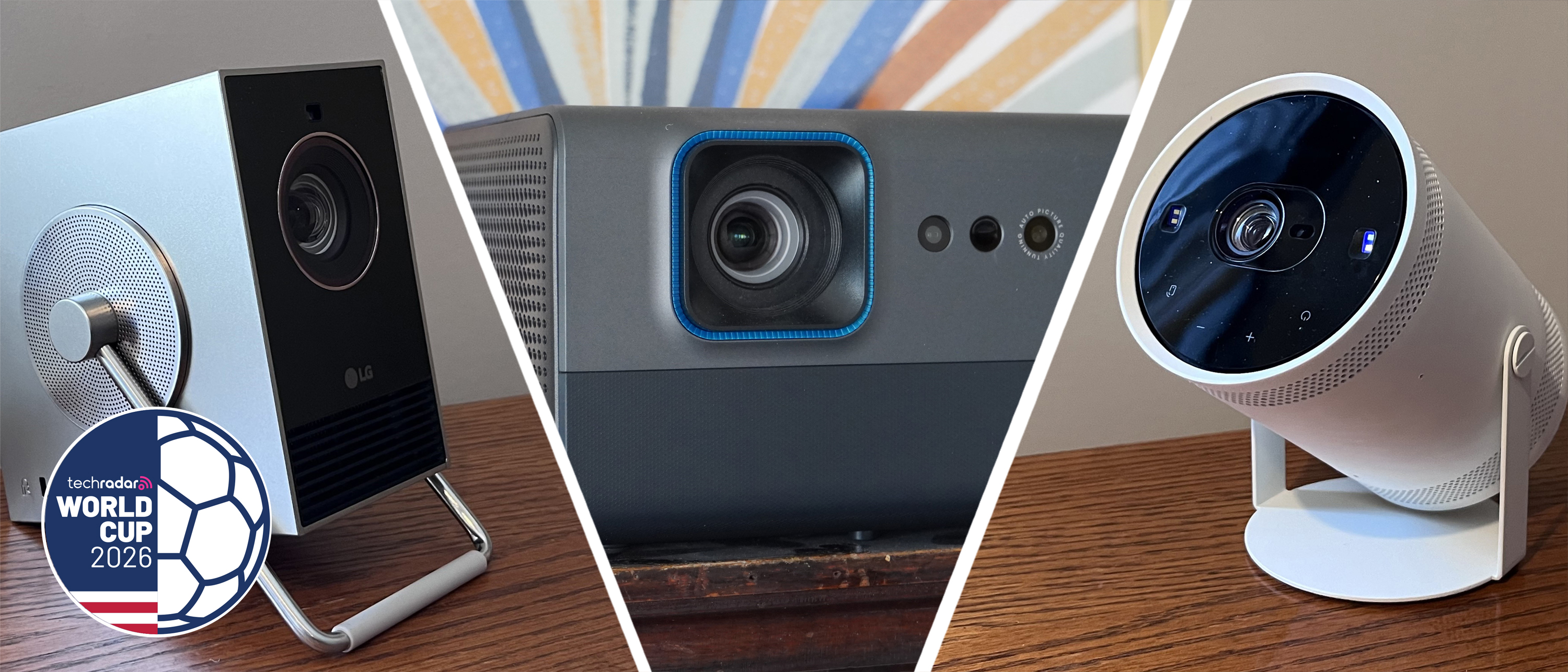Three projectors, with a TechRadar World Cup logo