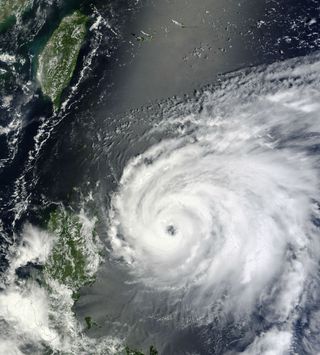 Storm in context: A larger image shows the island of Taiwan in the upper left-hand corner. The storm now lies directly east of the island and will likely make landfall in the coming day.