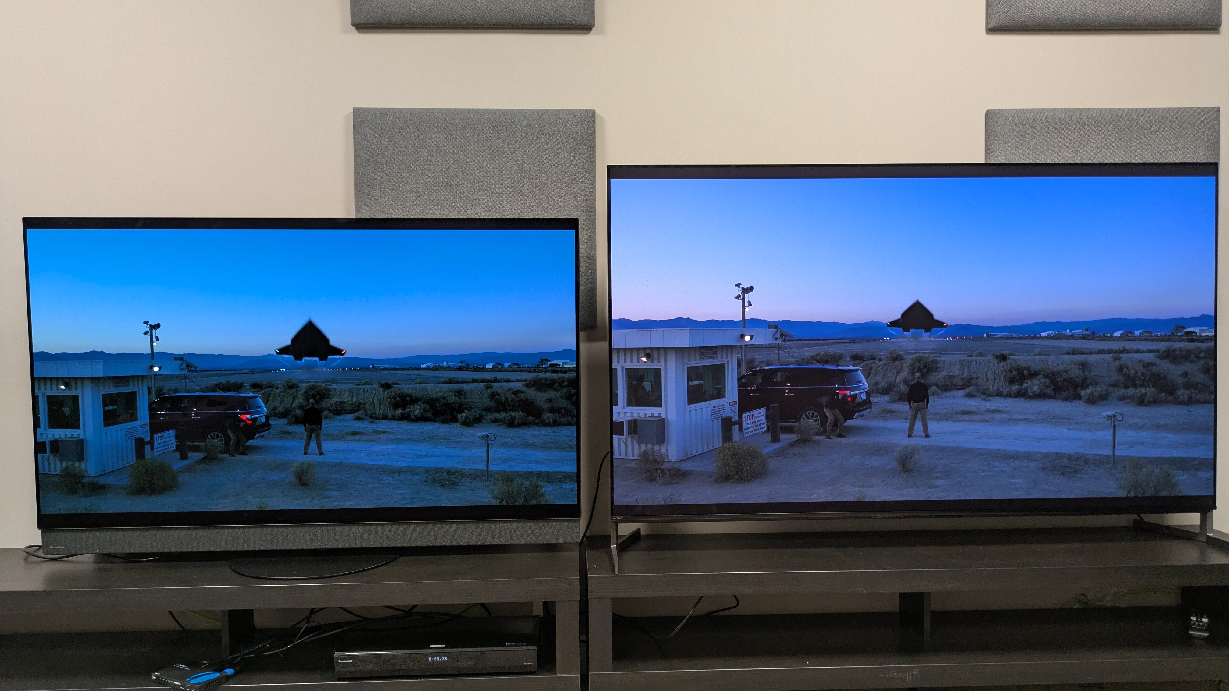 Panasonic Z95B (left) and Sony Bravia 8 II (right) displaying the Darkstar takeoff scene from Top Gun: Maverick