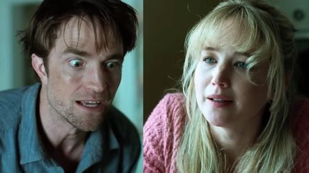 Robert Pattinson and Jennifer Lawrence looking wild eyed in their roles in Mubi's Die, My Darling. 