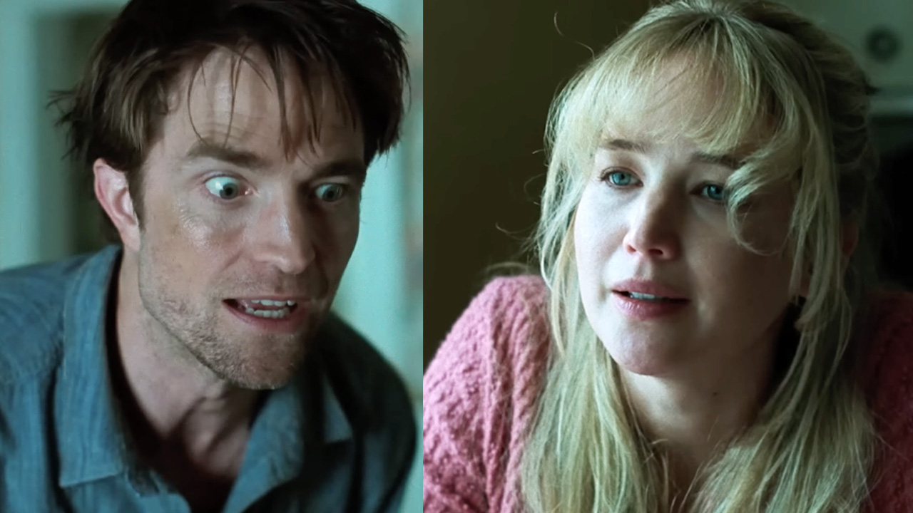 Robert Pattinson and Jennifer Lawrence looking wild eyed in their roles in Mubi's Die, My Darling. 