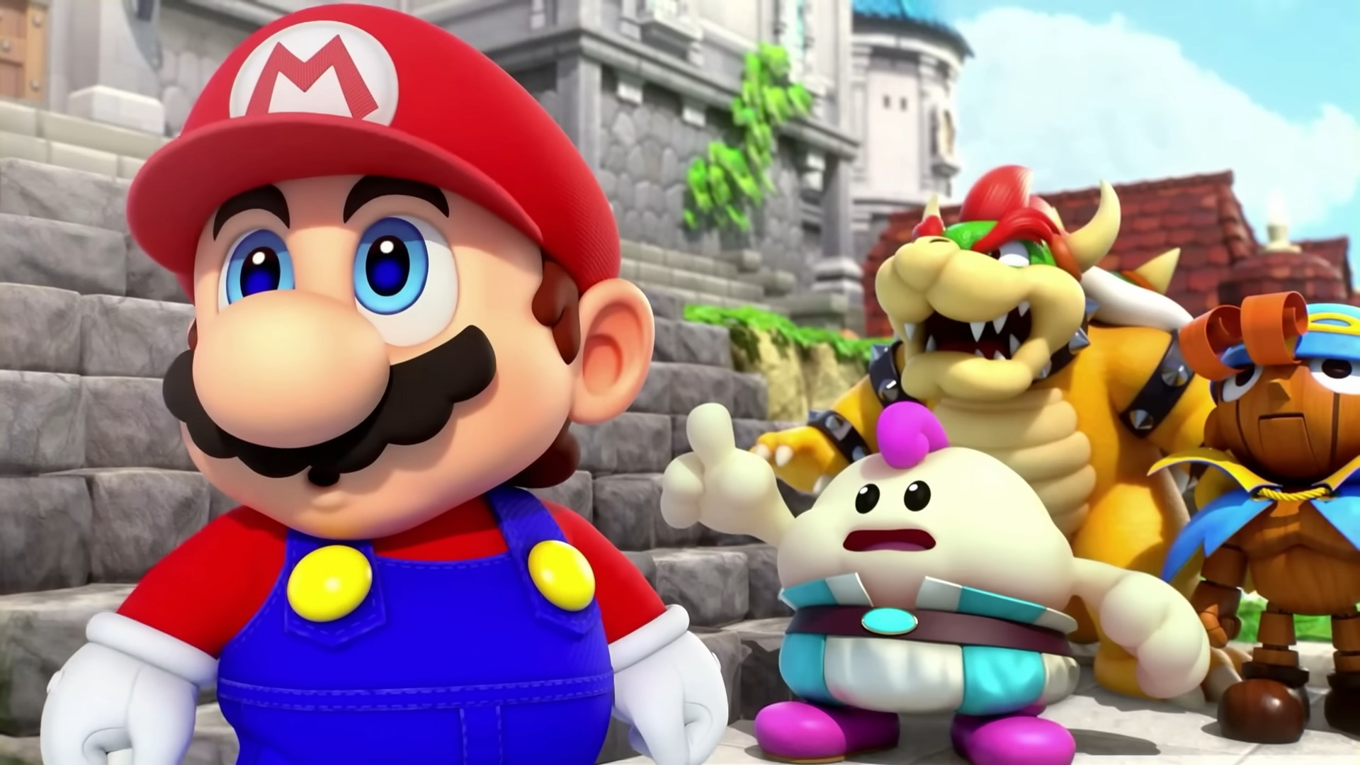Mario looking shocked while a cloud, wooden man and bowser stand behind him during a moment in Super Mario RPG