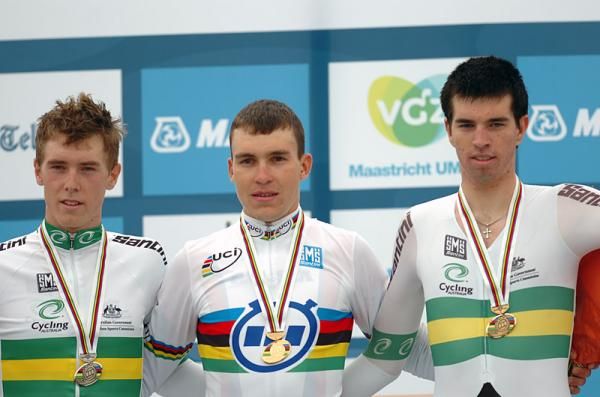 2012 U23 time trial podium (L-R): Rohan Dennis (Australia), Anton Vorobyev (Russian Federation) and Damien Howson (Australia)