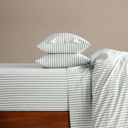 Brooklinen Luxury Sateen 4 Piece Sheet Set - 100% Cotton Bed Sheets, Soft & Durable Twin Sheet Set in Green Tandem Stripe, Oeko-Tex Certified Bedding Set, 1 Fitted Sheet, 1 Flat Sheet, 2 Pillowcases
