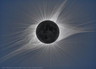 A highly detailed image of the sun's corona produced during the 2017 total solar eclipse.