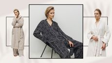 Model wearing pyjamas and dressing gowns from Kelly Hoppen x M&S
