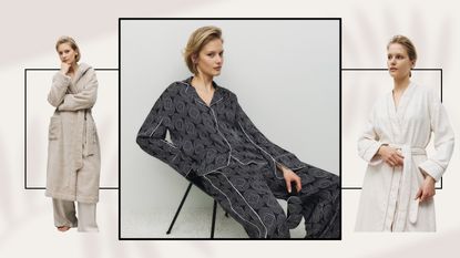 Model wearing pyjamas and dressing gowns from Kelly Hoppen x M&S