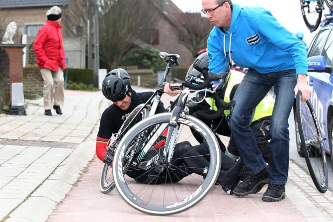 Tom Boonen on the ground after a crash in Gent-Wevelgem