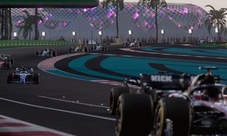 F1 cars following a safety car at the Yas marina Circuit in Abu Dhabi.