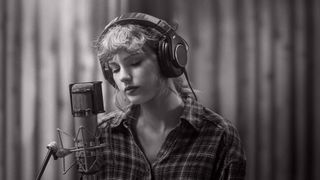 Black and white image of Taylor Swift recording Folklore at the Long Pond studios 