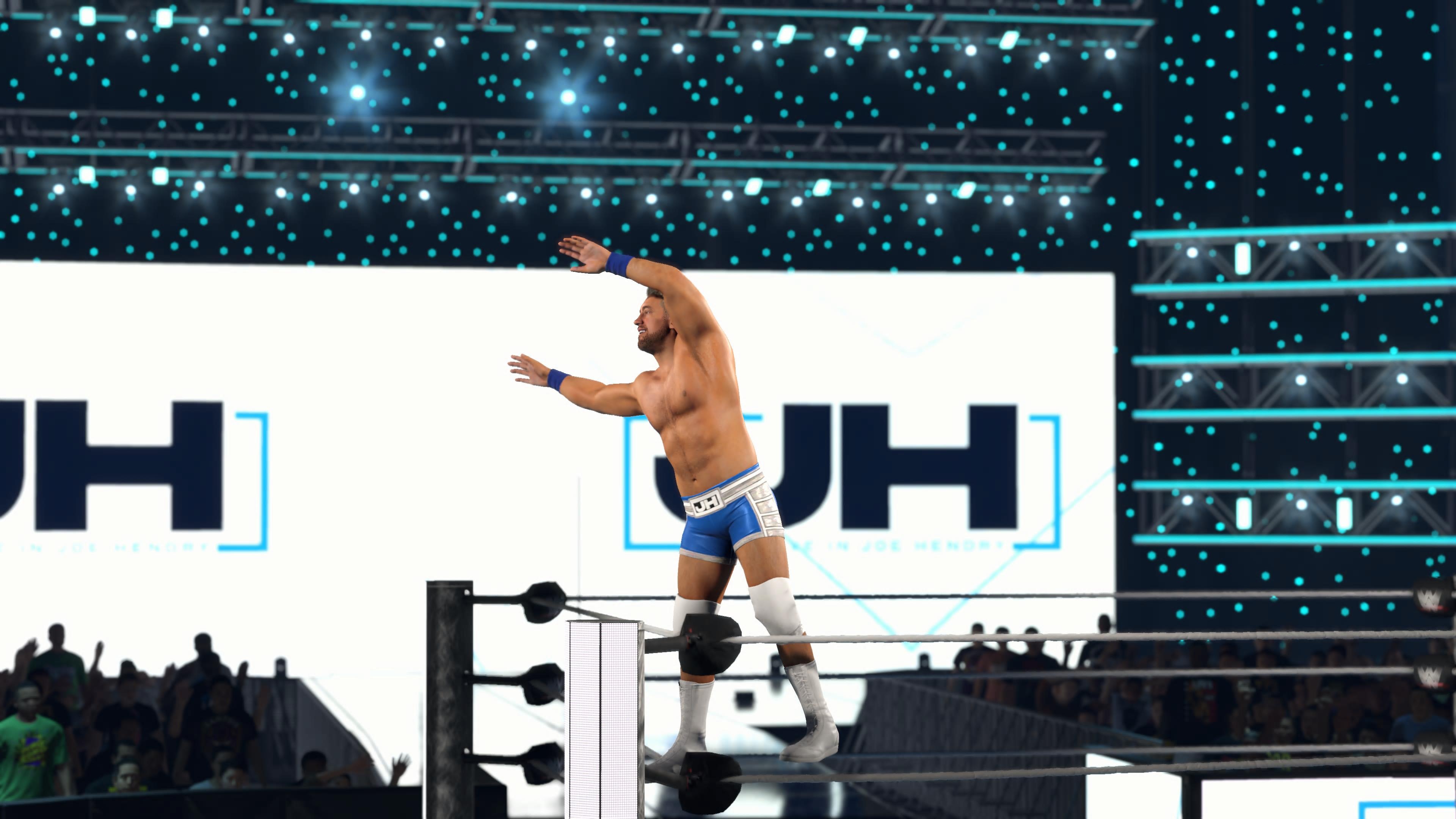 لقطات شاشة من داخل اللعبة من لعبة المصارعة WWE 2K26، تظهر المصارعين في الحلبة، وهم يقومون بالدخول، والساحة