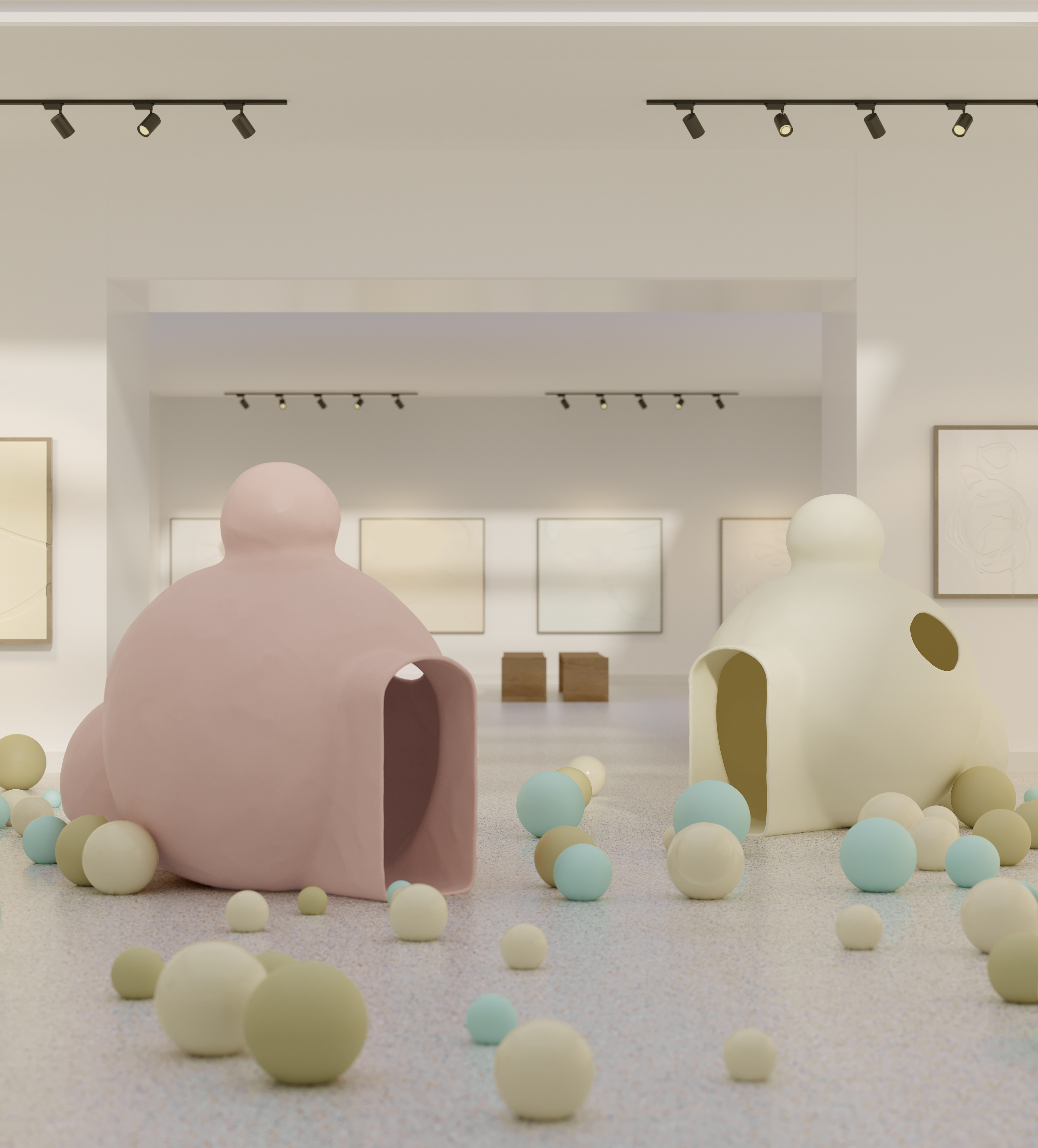 A pastel-shaded series of whimsical designs mimicing the structure of a tent, but blown and puffed up, sits in a naturally lit gallery space filled with green, pale yellow, and pale blue baloon-like spheres.