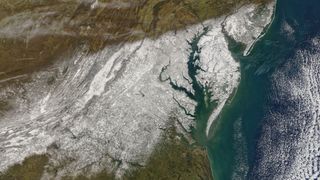 A satellite view of a nor'easter on Jan. 4, 2022, which dumped up to 14 inches (36 centimeters) of snow in Virginia and Maryland.