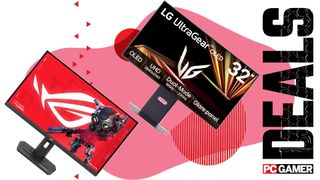 The ASUS ROG Strix XG27UCG and the LG 32GX850A-B gaming monitors float in the funky PC G deal void.