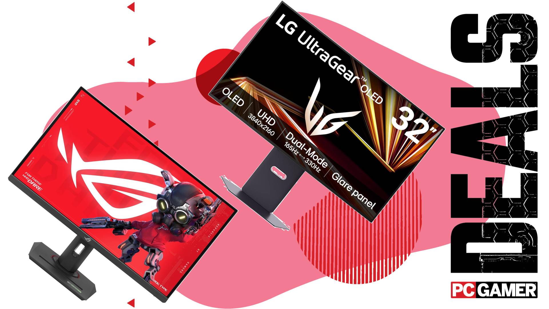 The ASUS ROG Strix XG27UCG and the LG 32GX850A-B gaming monitors float in the funky PC G deal void.
