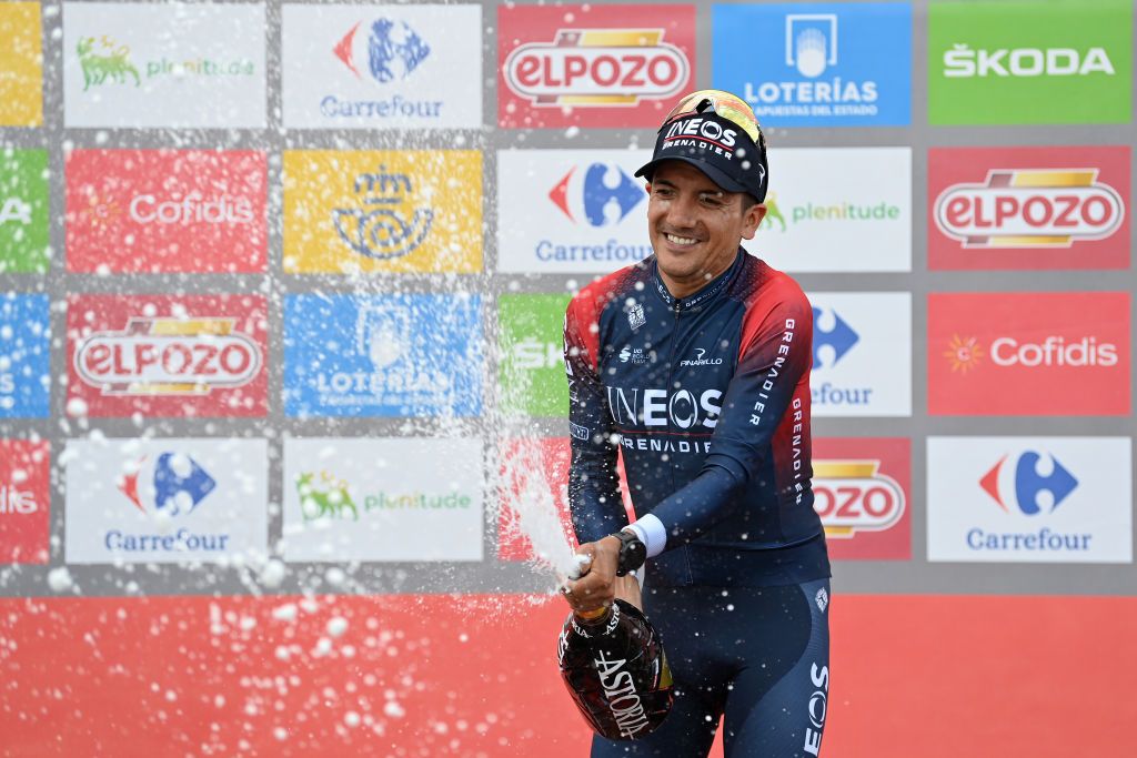 ESTEPONA SPAIN SEPTEMBER 01 Richard Carapaz of Ecuador and Team INEOS Grenadiers celebrates at podium as stage winner during the 77th Tour of Spain 2022 Stage 12 a 1927km stage from Salobrea Peas Blancas Estepona 1260m LaVuelta22 WorldTour on September 01 2022 in Estepona Spain Photo by Justin SetterfieldGetty Images