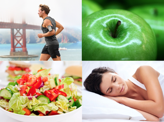 A man running, green apples, a salad, a woman sleeping