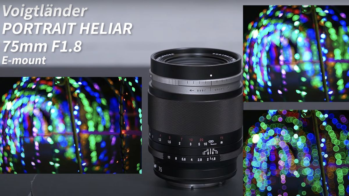 A still from Cosina&#039;s YouTube video shows the lens with three images showing the range of bokeh effects