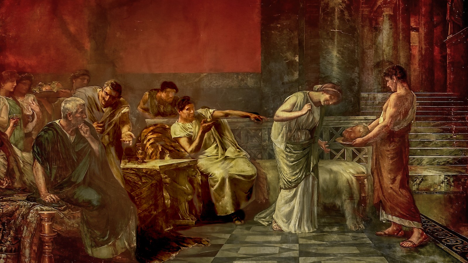 painting of Fulvia and Marc Antony looking at the severed head of Cicero