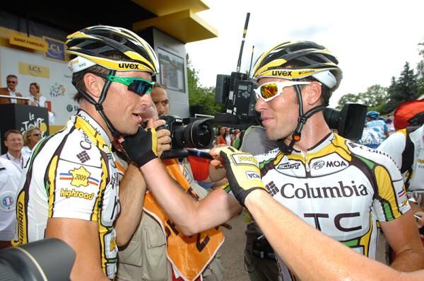 Columbia teammates celebrate after Cavendish's win.