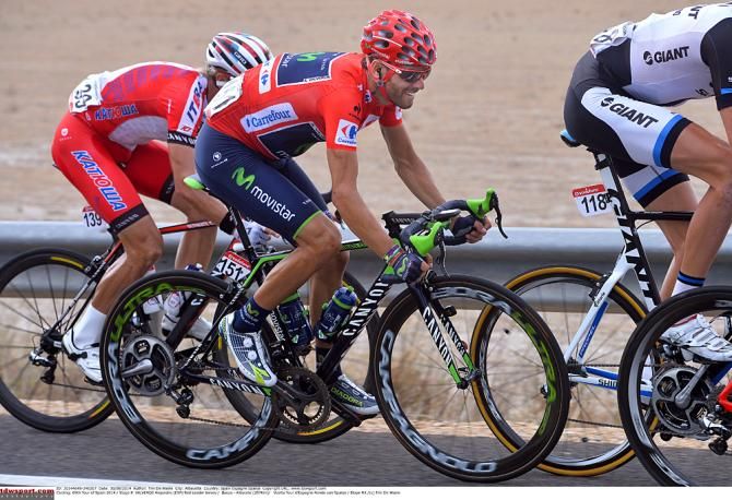 Race leader Alejandro Valverde (Movistar) stays safe at the front of the field in the crosswinds