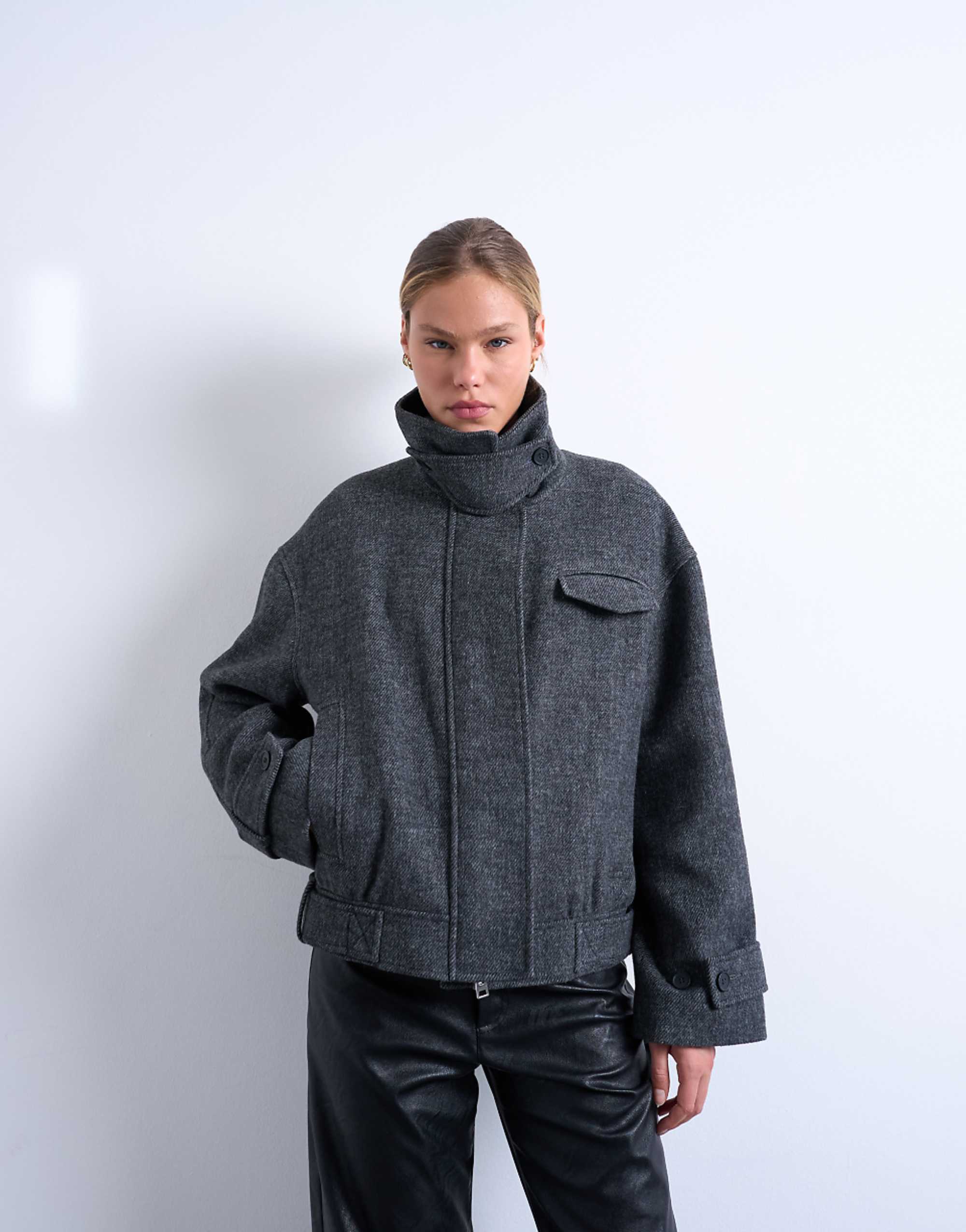 Topshop Wool Look Bomber Jacket With Tab Detail in Charcoal