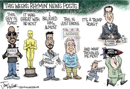 Editorial cartoon U.S. rhyming posts R Kelly Oscars Smollett Kraft Cohen Trump North Korea