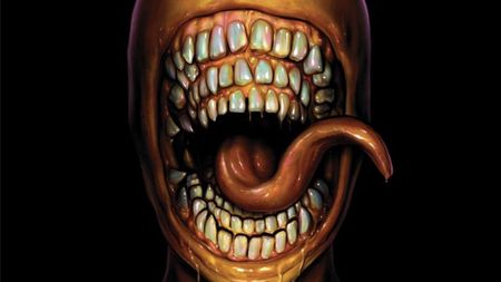 Eyeless creature with three rows of human teeth and a long tongue on the cover of SCP Foundation Artbook | Yellow Journal