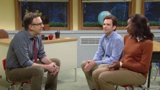 Jason Sudeikis, Ego Nwodim, and Kyle Mooney in "Parent-Teacher Conference" on Saturday Night Live