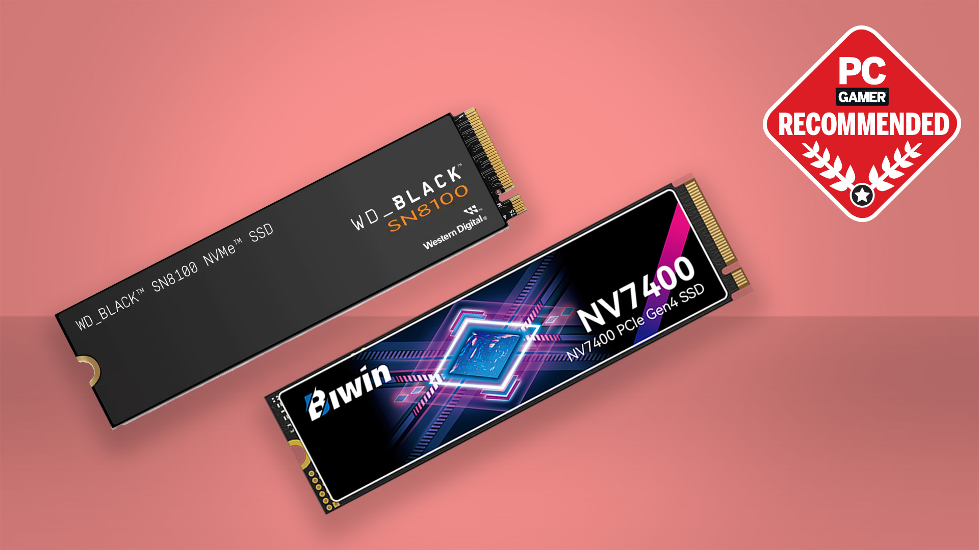 WD Black SN7100 and Biwin SSDs on a pink background with PC Gamer Recommended label on top