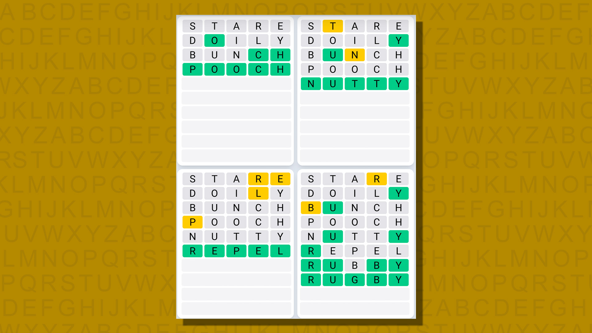 Respuestas de secuencia diaria de Quordle para el juego 779 sobre un fondo amarillo