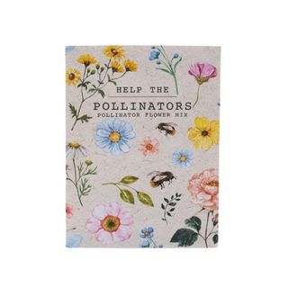 A gray rectangular seed packet with colorful flower and bee illustrations on it that says 'help the pollinators'