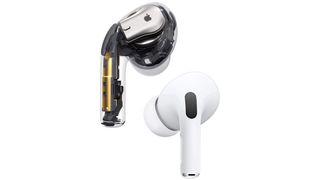 Clear AirPod next to regular AirPod