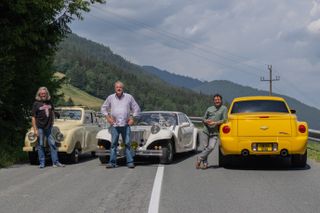 The Grand Tour: Eurocrash stars James May, Jeremy Clarkson and Richard Hammond posing next to cars